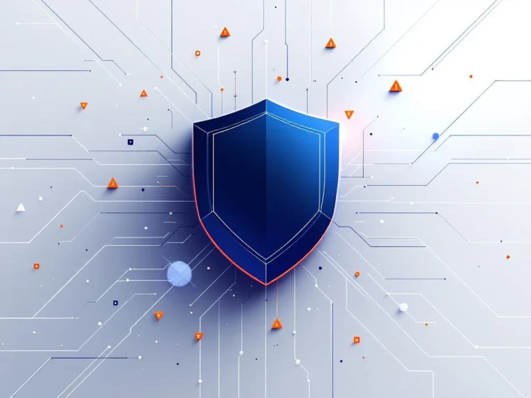 Blaues geometrisches Schild-Symbol mit Sicherheitselementen und Schutzbarriere-Effekt auf weißem Hintergrund