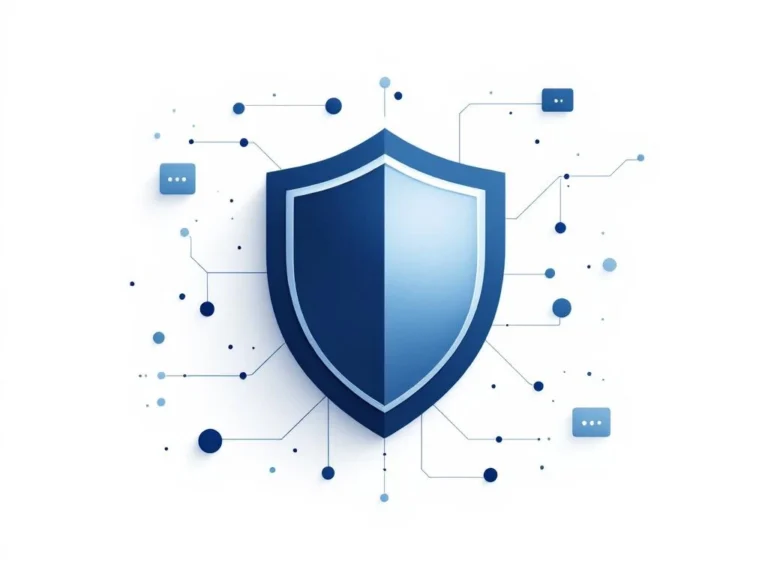 Cybersecurity-Schild-Symbol in Blautönen mit vernetzten geometrischen Formen für E-Commerce-Schutz auf weißem Hintergrund