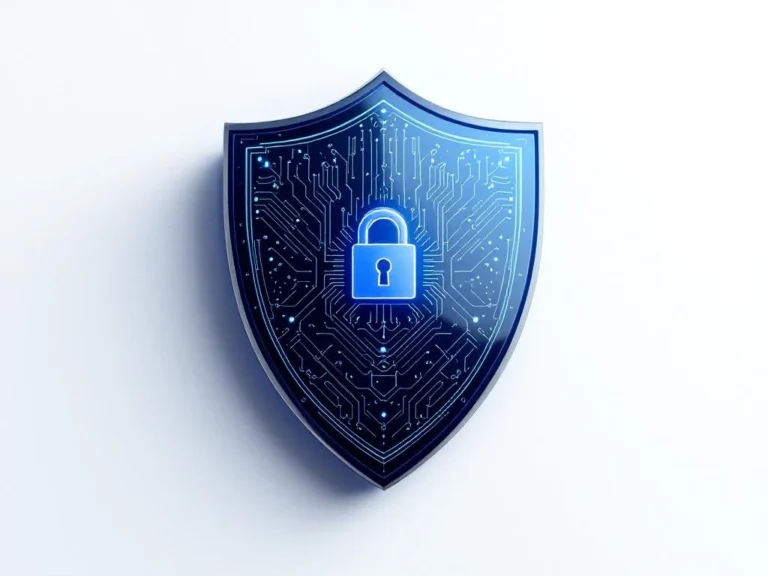 Schild-Symbol mit Sicherheitselementen in blau-grauer Farbgebung auf weißem Hintergrund für Technologie-Branding