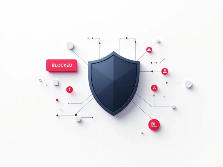 Cybersecurity-Schild-Symbol in Marineblau mit roten Warnhinweisen und grauen Verkehrssperren auf weißem Hintergrund