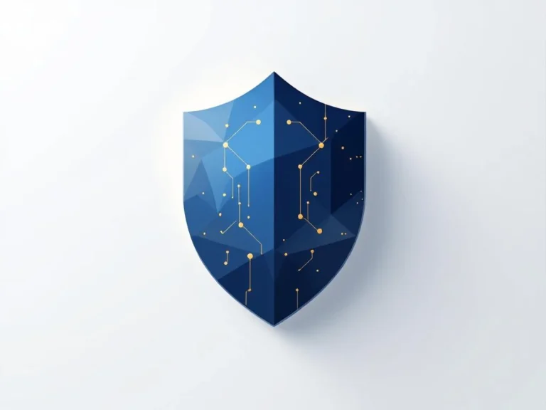 Minimalistisches Schild-Symbol aus blauen und grauen Linien mit goldenen Akzenten und Schaltkreis-Elementen für digitale Sicherheit