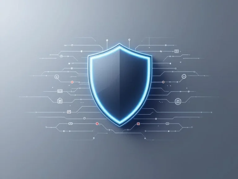Cybersecurity-Shield-Symbol mit VPN-Tunneln und Datenpaketen auf marineblauem Verlaufshintergrund für digitalen Schutz