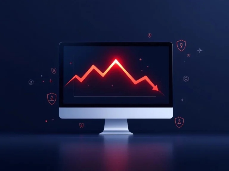 Computer-Monitor zeigt Warnsymbole und rückläufige Grafiken in Rot, umgeben von Schutzschild-Icons auf blauem Hintergrund.