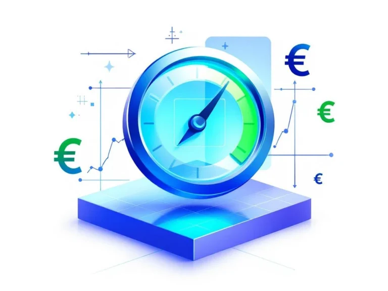 Transparenter Kostenrechner-Icon über geometrischem Raster mit Euro-Symbolen und Diagrammen in Blau und Grün