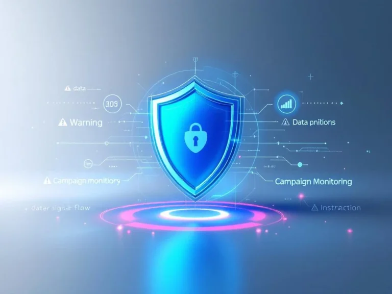 Minimalistisches Schild-Symbol in Blau-Cyan-Verlauf mit Warnsymbolen für digitale Sicherheit und Kampagnenüberwachung