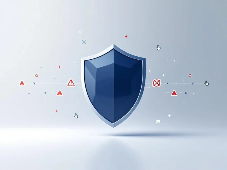 Digitales Sicherheits-Shield-Symbol in Blau und Silber, umgeben von roten Warndreiecken auf weißem Hintergrund