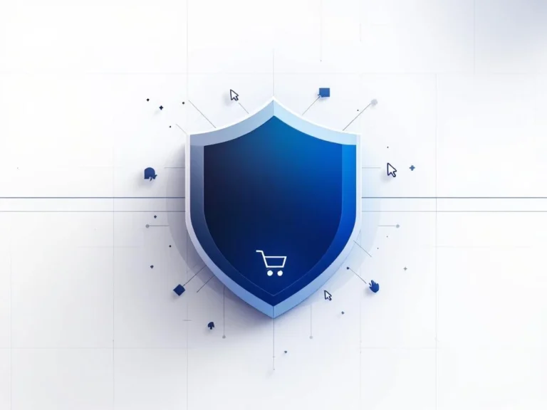 Blaues geometrisches Schild-Symbol mit grauen Cursor-Klicks auf weißem Hintergrund, Einkaufswagen unten rechts verbunden