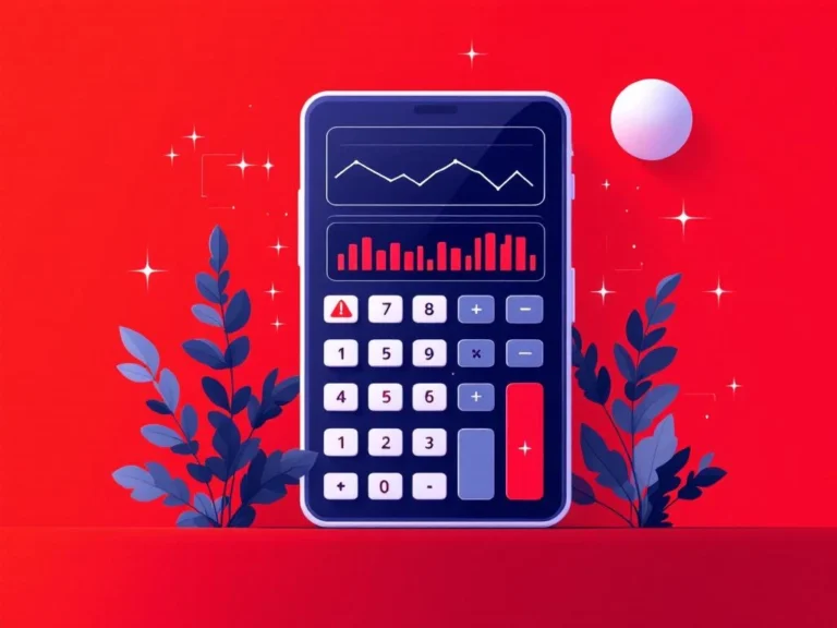 Digitaler Taschenrechner mit roten Warnhinweisen und Datenvisualisierungen auf marineblauem Hintergrund mit Schaltkreismustern