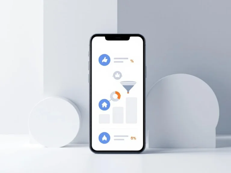 Smartphone zeigt Google Ads Interface mit blauen Klick-Symbolen und grauen Conversion-Elementen auf weißem Hintergrund