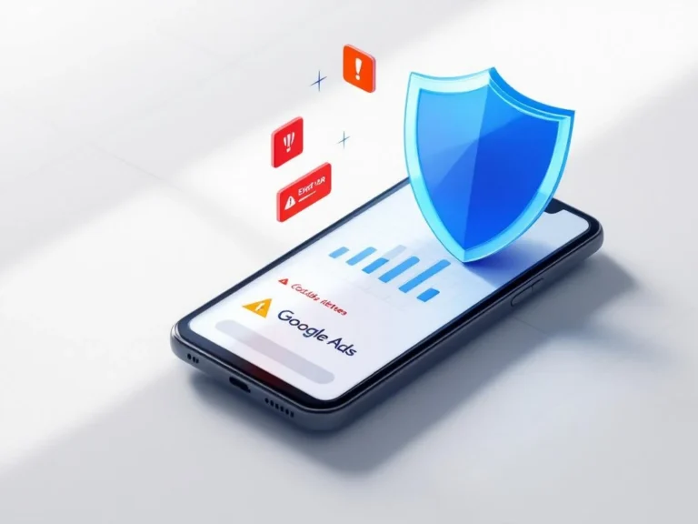 Smartphone zeigt Google Ads Interface mit roten Fehlersymbolen und blauen TanzaNet Schutzelementen auf weißem Hintergrund