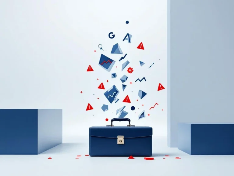 Anwaltsaktenkoffer mit digitalen Elementen vor fragmentierter Google Ads-Oberfläche mit roten Warnsymbolen