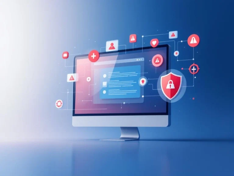 Computer-Bildschirm mit Google Ads Interface, Sicherheitssymbolen und Warnindikatoren in blau-weißem Design