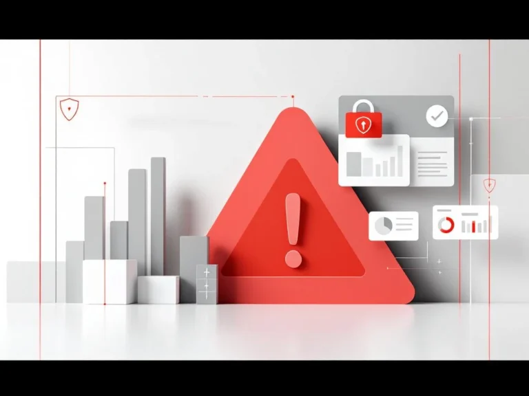Rotes Warnsymbol mit Ausrufezeichen umgeben von Google Ads Dashboard-Elementen und Diagrammen auf grauem Hintergrund