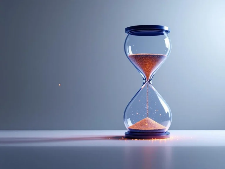 Durchsichtige Sanduhr mit leuchtenden digitalen Partikeln und Netzwerk-Muster im Hintergrund auf weißer Oberfläche