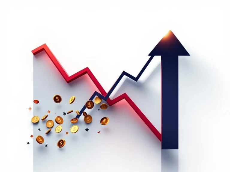 Roter Abwärtstrend-Graph mit blauem Investitionspfeil und goldenen Münzsymbolen auf weißem Hintergrund