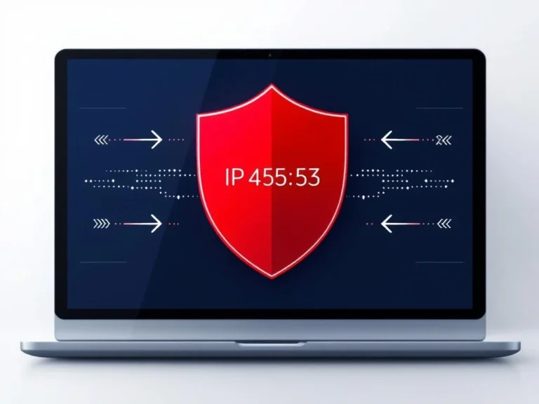 Digitaler Sicherheitsschutz: Rotes Schild blockiert Cyberangriffe auf Computer mit IP-Adresse, Navy-Blau-Design