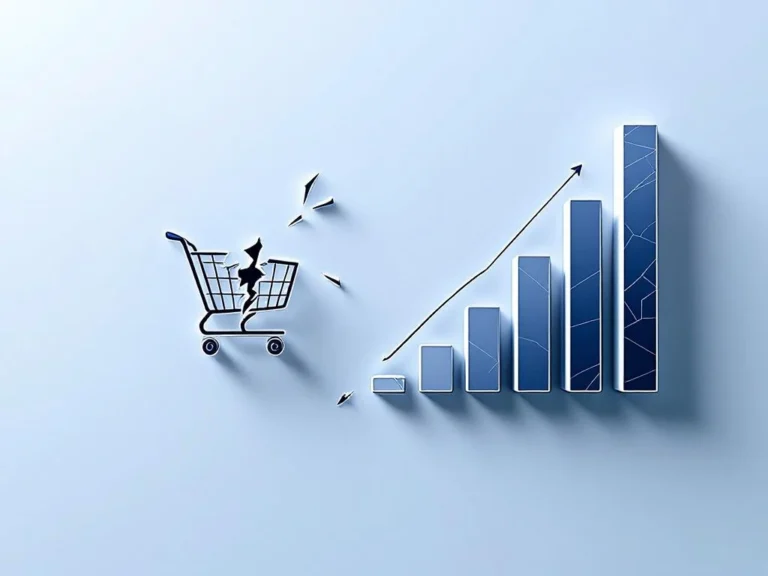 Kaputtes Einkaufswagen-Symbol mit Rissen neben absteigenden Balkendiagrammen auf weißem Hintergrund