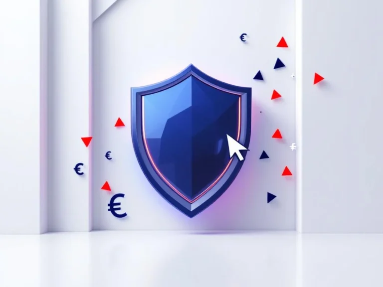 Blauer Schutzschild-Symbol mit roten Warndreiecken und Cursor auf weißem Hintergrund für Klickbetrug-Schutz