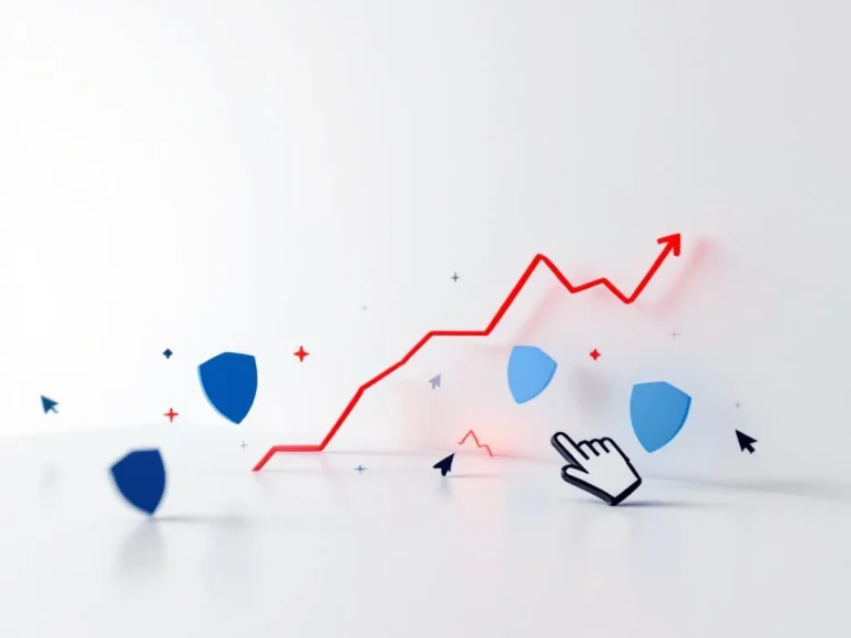 Sinkende rote Grafiklinie mit blauen Schutzschild-Symbolen gegen Klickbetrug auf weißem Hintergrund