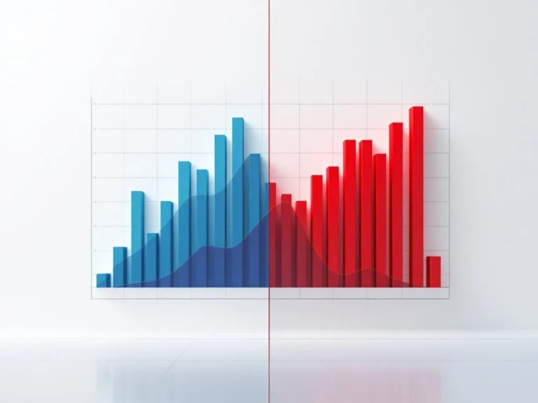 Leistungsdiagramm mit blauen aufsteigenden und roten absteigenden Balken auf weißem Hintergrund mit Gitternetz