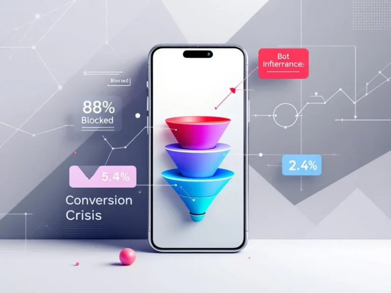 Smartphone mit rückläufigem Conversion-Trichter, blockierter Traffic in Rot, legitime Nutzerpfade in Blau, Metriken