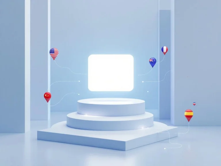 Weiße E-Commerce-Oberfläche mit internationalen Flaggen und Standort-Pins in minimalistischem Design