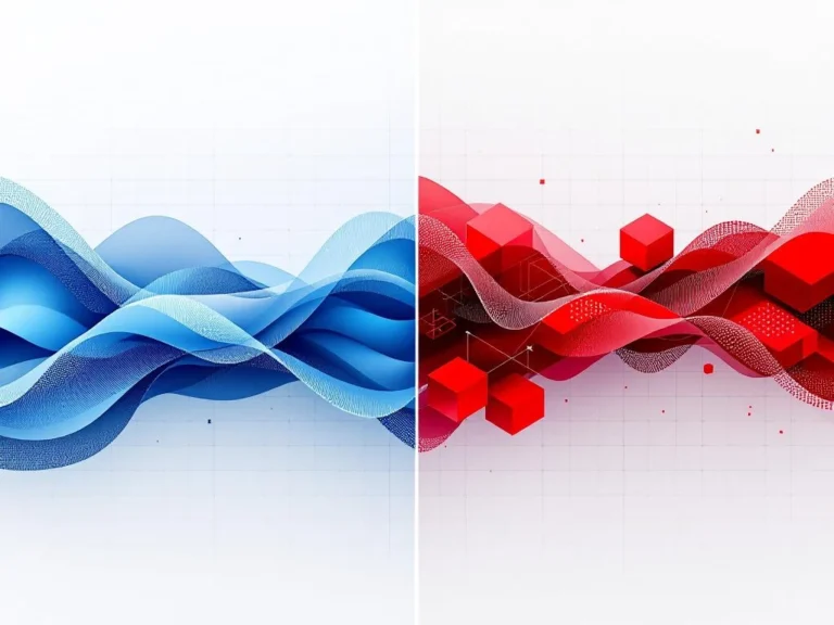 Split-Screen-Vergleich: Organischer Traffic als blaue fließende Ströme links, Bot-Traffic als rote geometrische Muster rechts