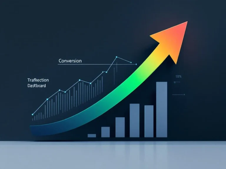 Grüner Pfeil zeigt Verkehrswachstum, wird orange-rot bei Conversion-Rückgang, mit Dashboard-Elementen im Hintergrund