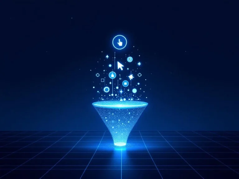 Digitale Conversion-Funnel-Visualisierung mit leuchtenden Website-Klicks als geometrische Formen auf blauem Hintergrund