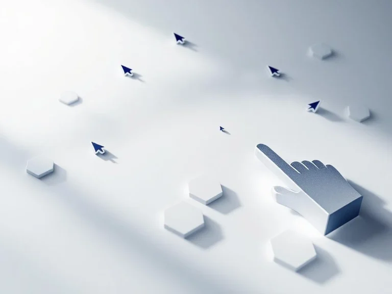 Computercursor zeigt auf Website-Mockup mit Klick-Indikatoren und leerem Conversion-Funnel auf weißem Hintergrund