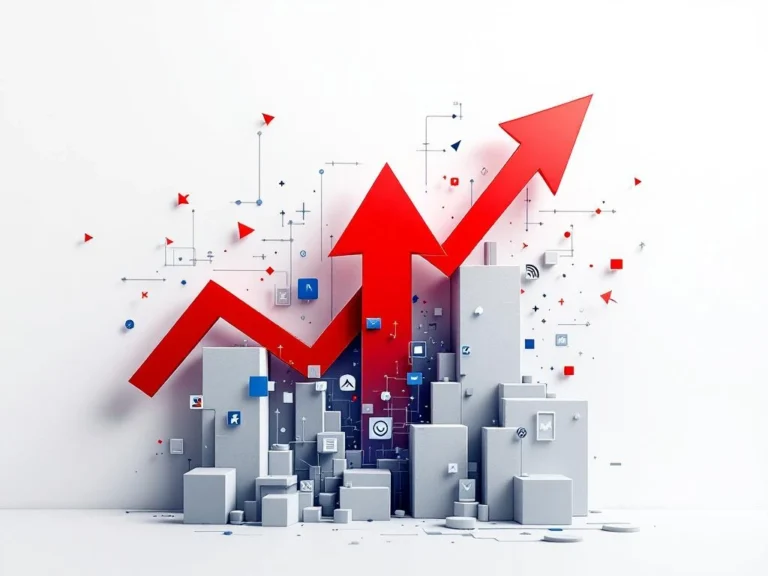 Roter Pfeil durchbricht geometrische Barrieren, umgeben von digitalen Werbeicons und blauen Technologie-Elementen