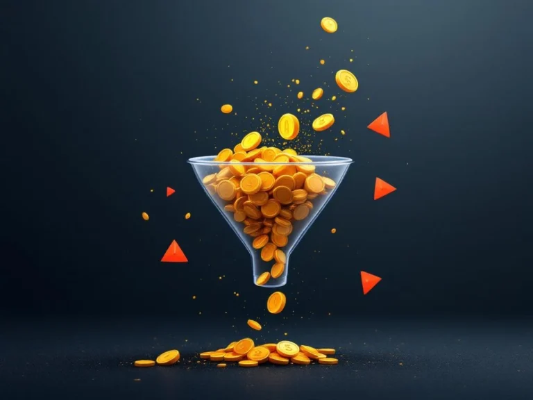Transparenter Trichter mit goldenen Münzen, die sich in digitale Partikel auflösen, umgeben von roten Warndreiecken