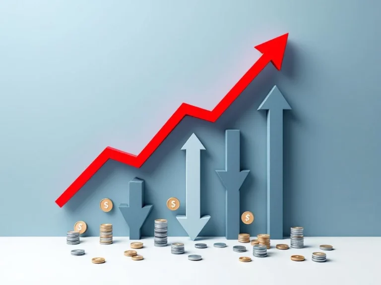 Aufwärts steigender roter Graph mit fallenden grauen Pfeilen und schwebenden Münzsymbolen auf weißem Hintergrund