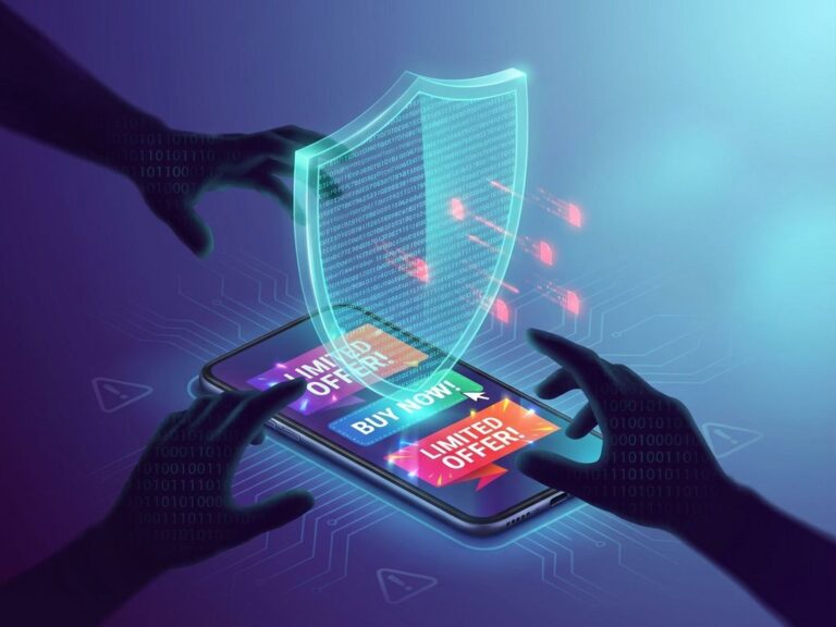 Digitaler Schutzschild aus Code schwebt über Smartphone und blockiert schattenhafte Hände mit Binärcode-Mustern