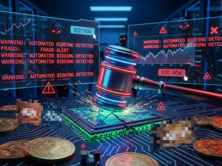 Digitaler Auktionshammer auf leuchtender Computerplatine mit roten Warnhinweisen und Bot-Schatten bei Betrug