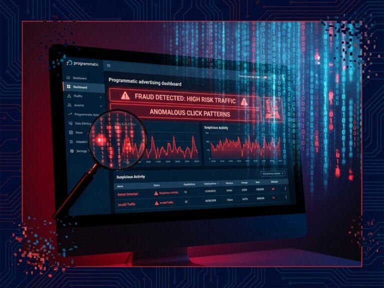 Computer-Bildschirm mit Programmatic-Advertising-Dashboard zeigt rote Betrugserkennungs-Warnungen und verdächtige Klickmuster