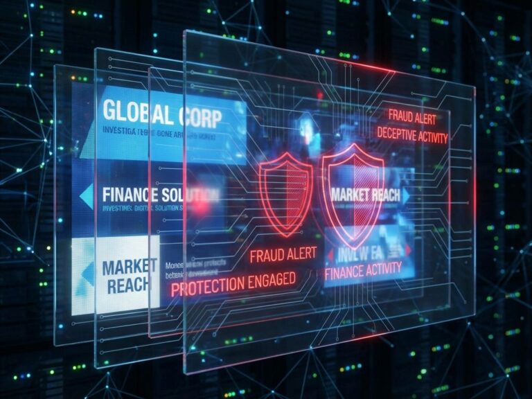 Gestapelte transparente digitale Werbebanner mit roten Warnsymbolen und Sicherheitsschildern gegen Ad-Fraud