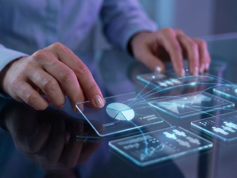 Hände ordnen durchscheinende digitale Profilkarten mit Nutzerdaten und blauen Verbindungslinien für Zielgruppenanalyse an