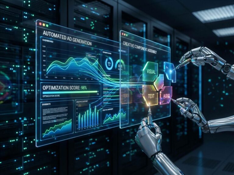 Robotische Arme erstellen automatisiert Werbeanzeigen mit leuchtenden Datenströmen und holografischen Optimierungsgrafiken