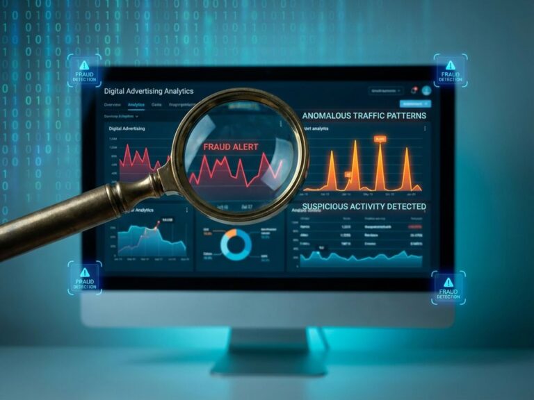 Lupe über Computerbildschirm mit Betrugserkennungs-Analytics, roten Warnmeldungen und verdächtigen Traffic-Mustern