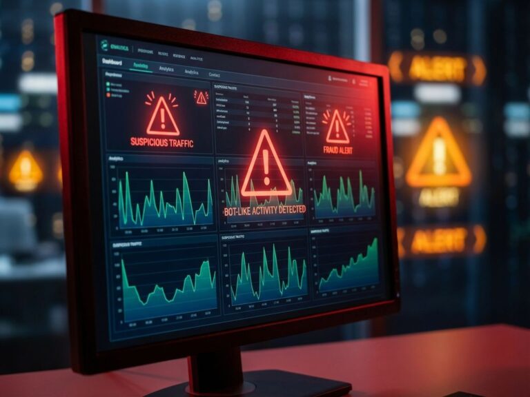 Computer-Bildschirm zeigt Cybersicherheits-Dashboard mit roten Warnmeldungen und verdächtigen Datenverkehrsmustern