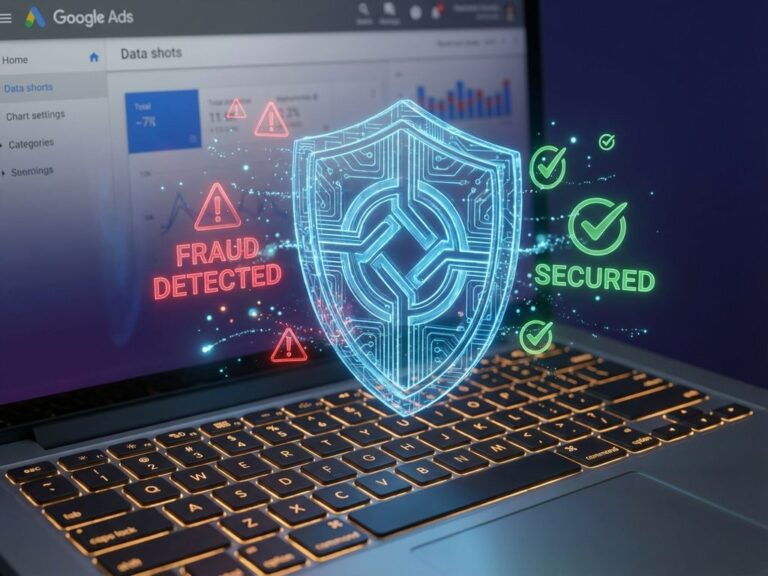 Digitaler Sicherheitsschild mit blauen Schaltkreisen über Laptop-Tastatur zeigt Betrugserkennung und Schutz an