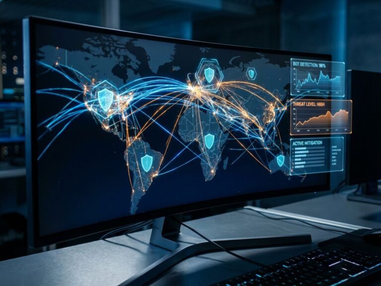 Computerbildschirm mit Netzwerkverkehr-Visualisierung in blau-orange, holografische Bot-Erkennungstools im Vordergrund