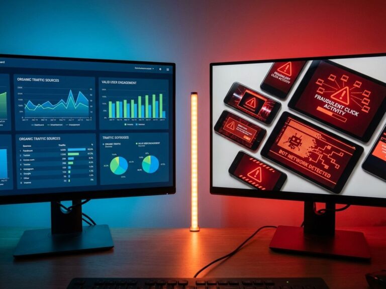 Geteilter Bildschirm zeigt legitime Website-Analysen mit blauen Datenvisualisierungen links und Bot-Netzwerke mit roten Warnungen rechts