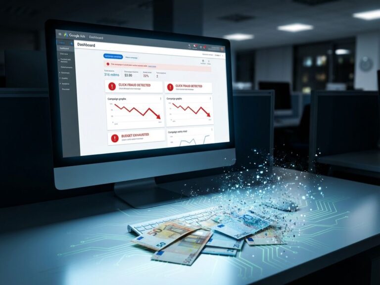 Google Ads Bildschirm mit roten Warnhinweisen und sich auflösenden Euro-Scheinen, die Klickbetrug-Verluste darstellen