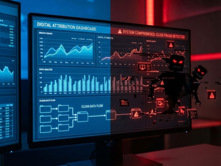 Digitales Marketing-Dashboard zeigt saubere Analysedaten links, rechts korrumpierte Daten mit Bot-Bedrohungen und Warnsignalen