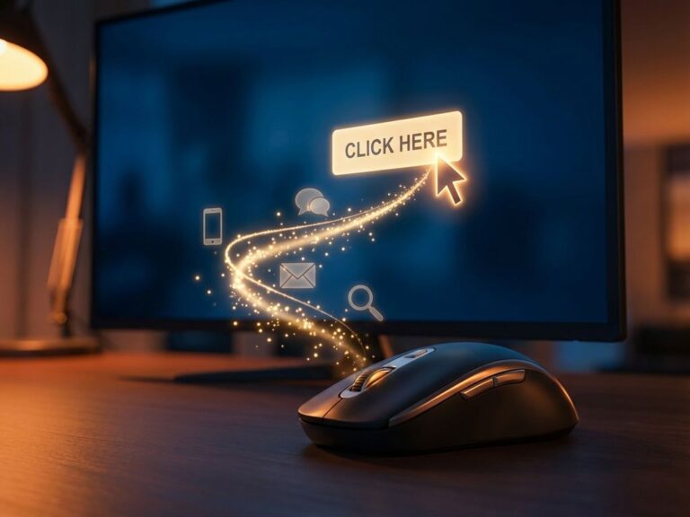 Computermaus über leuchtender "Klick hier"-Schaltfläche mit goldener Spur zu Social Media- und E-Mail-Symbolen