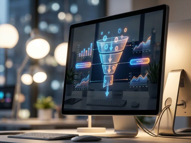 Computer-Monitor zeigt leuchtenden Conversion-Funnel mit Analytics-Daten und Metriken in modernem Arbeitsplatz