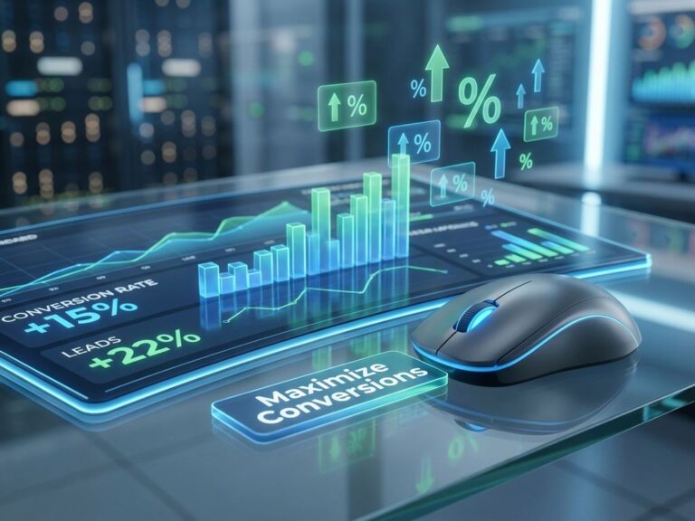 Digitales Dashboard mit steigenden Conversion-Rate-Grafiken und Computer-Maus, die "Conversions maximieren" anklickt