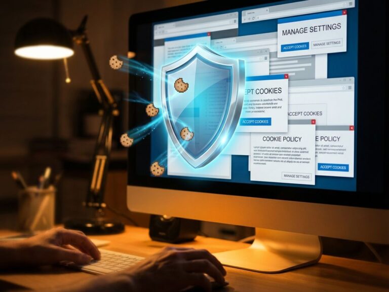 Digitaler Schutzschild blockiert Cookie-Pop-ups auf Computerbildschirm mit Webbrowser
